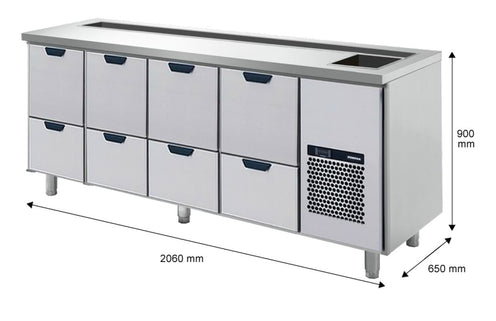 Barkylbänk, flaskränna, isho, 8 lådor, 2060x650x900mm