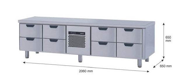Grillkylbänk, 8 lådor, 2060x650x650mm